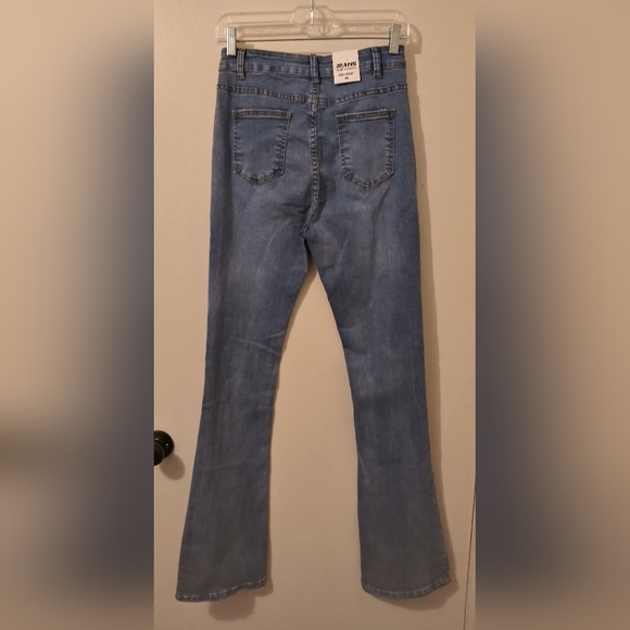 Womens Jeans Medium Blue Denim Flare Leg Button Fly Distressed Boot Cut Stretch - Picture 3 of 5